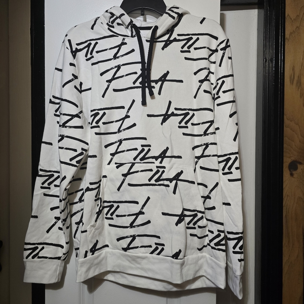 Fila Heritage Men's White Hoodie W Black Logo Pattern All Over - Size Medium